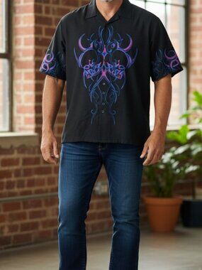 Vintage Y2K Dragonfly Skull Button Down Shirt Black XL Biker Gothic Streetwear